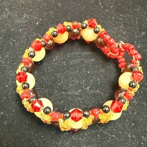 Handmade Beaded Woven Bracelet Red Amber‎ Brown Glass Crystal Boho Statement